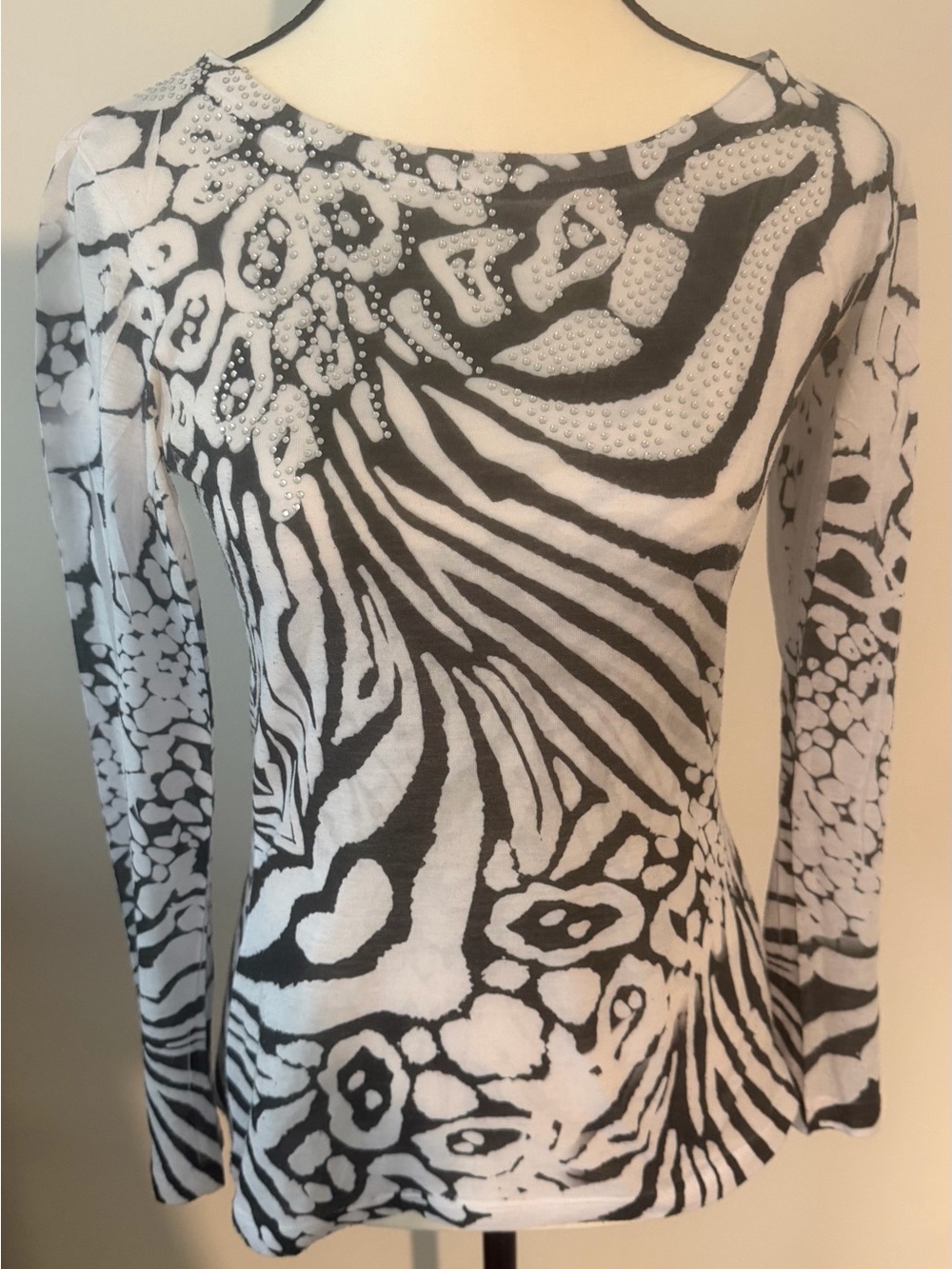 Cache Black & White Abstract Pattern Long Sleeve Top Size XS